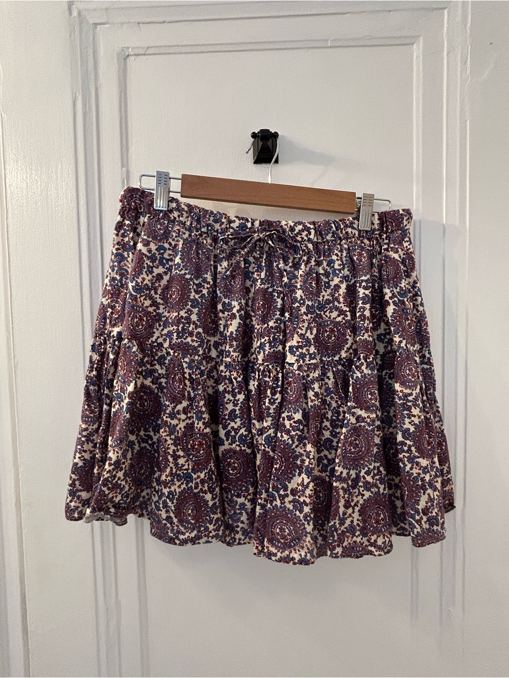 J. Crew Drawstring Tiered Mini Skirt in Cream and Purple Medallion Print